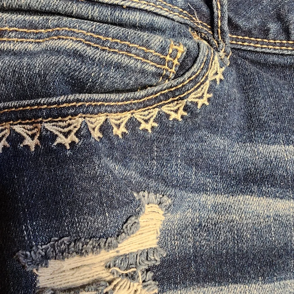 Women’s Dark Blue Distressed Jean Shorts with Heart Patch